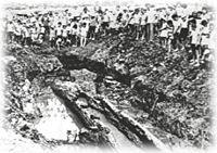 昭和37年8月三ツ島遺跡で古代のくり舟を発見した様子の写真